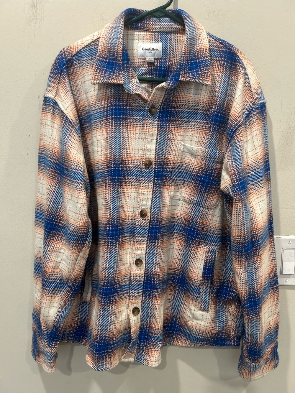 NWOT Goodellow&Co blue,orange, white plaid heavyweight shirt chest&seam pockets.